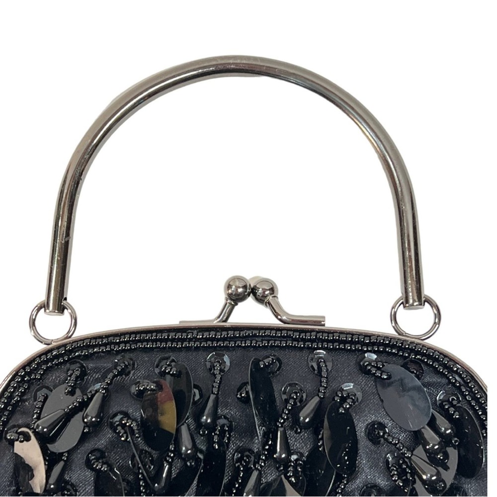 LOFT Black Bead and Sequin Satin Embellished Evening Clutch Pewter hardware NWOT - Picture 7 of 11